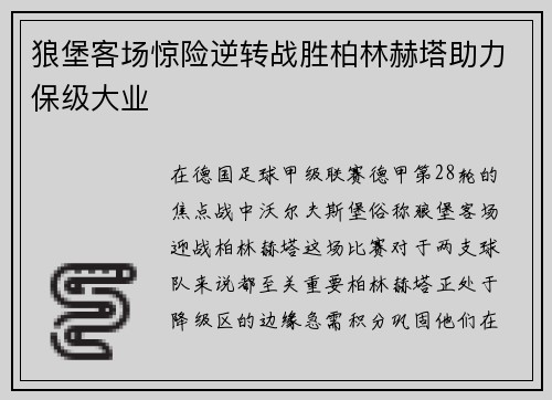 狼堡客场惊险逆转战胜柏林赫塔助力保级大业